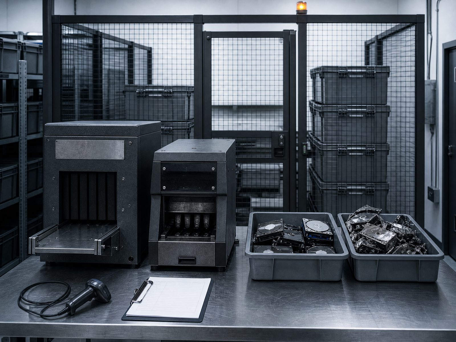 Secure processing bay with drives staged for destruction